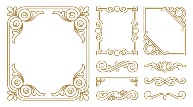 Set of golden vintage decorative frames and corners with elegant flourish ornamentation, royal border patterns, intricate scroll work for invitations