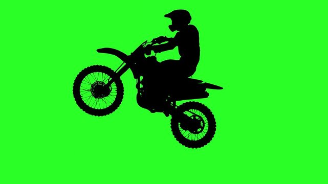 Motocross Dirt Bike Rider Silhouette Performing Wheelie Stunt on Green Screen Chroma Key Background for Extreme Sports Concept