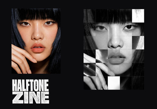 Halftone Photo Effect Template - Y2K Zine Collage Grid Black and White Poster