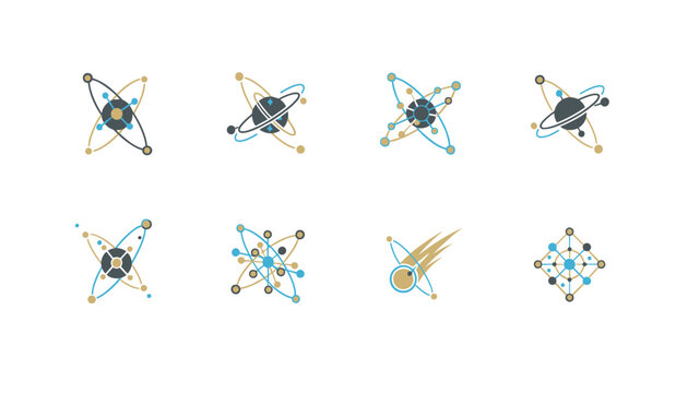 Eight abstract atomic or planetary orbit icons symbolizing physics, space, solar system, and science research on white.