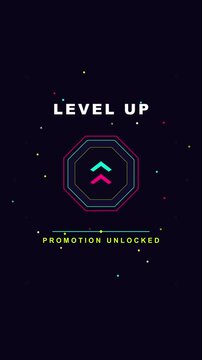Level Up Promotion Unlocked &ndash; Neon Gamified Achievement Badge and Geometric Confetti Animation Overlay