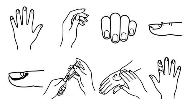 Set of human hand gestures and palm movements, contour line drawings for skincare, healthcare, beauty, dermatology, massage, hygiene, medical