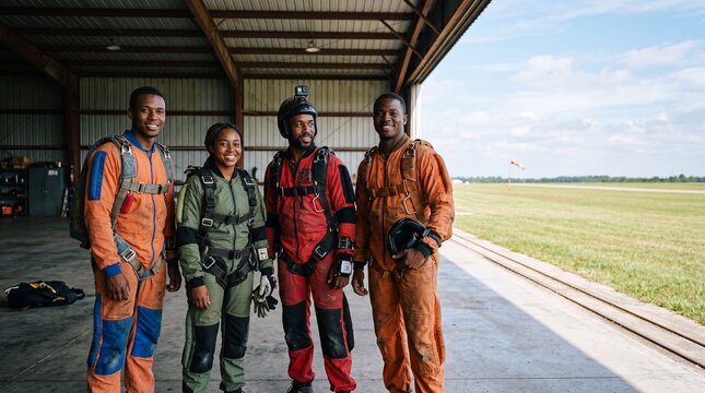 Diverse Group of Smiling Skydivers in Colorful Jumpsuits Standing in an Airplane Hangar