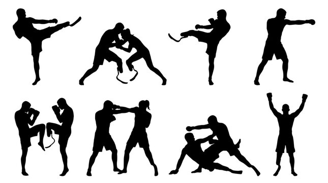 Set of isolated black silhouettes of martial arts athletes including blade prosthesis, fighting poses, combat training, competition, sport activity