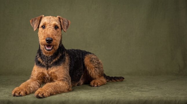 Airedale Terrier dog lying down and looking at the camera against a green studio background