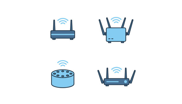 High tech wireless internet routers and smart home hub device icons set emitting signals on plain white background.