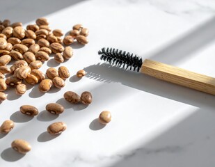 Naklejka premium Natural Beauty Tools and Dry Beans on a Marble Surface in Bright Sunlight
