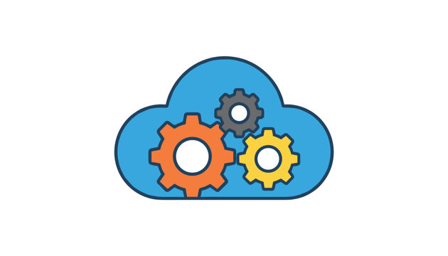 Modern cloud computing concept icon with three colored gear cogs representing system setup and online database.