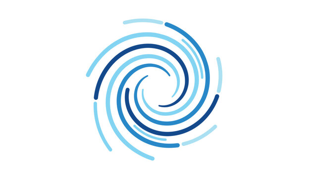 Elegant circular vortex spiral swirl abstract design in shades of blue and light blue on solid white background.