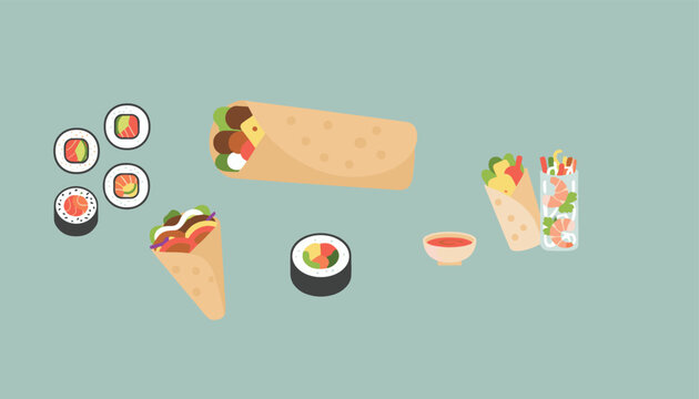 Delicious selection of international fast food wraps including sushi rolls burritos shawarma and spring rolls.