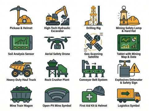 Mining industry vector icon set modern heavy equipment and smart technology illustration