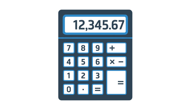Modern dark blue electronic calculator with digital display screen showing numbers and mathematical signs.