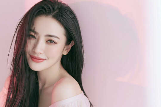 Portrait of beautiful young East Asian woman with long dark hair smiling softly against soft pink background for beauty skincare facial cosmetics and hair care concepts