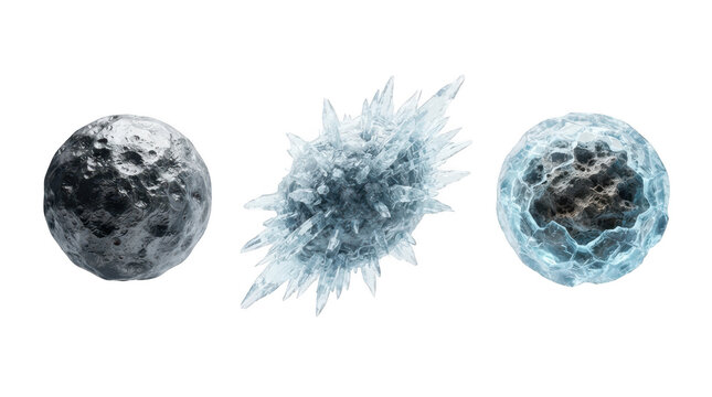Set of three different asteroid or planetoid objects, including a cratered rock, a spiky ice formation, and a frozen icy sphere, isolated on transparent background