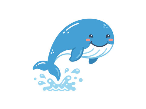 Happy cartoon whale jumping out of water.