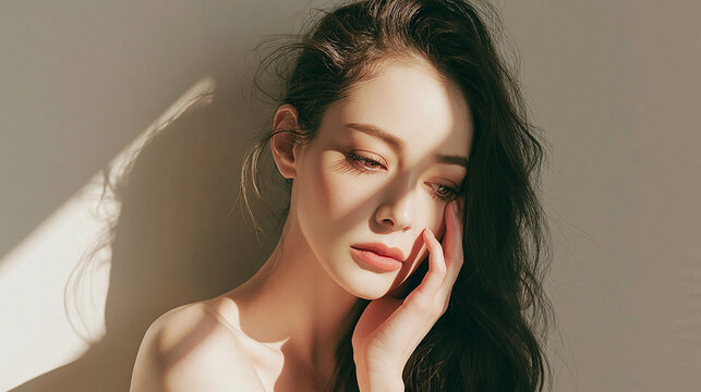 Serene East Asian woman with long dark hair touching cheek under warm sunlight and soft shadows for skincare beauty cosmetics and wellness advertising concepts