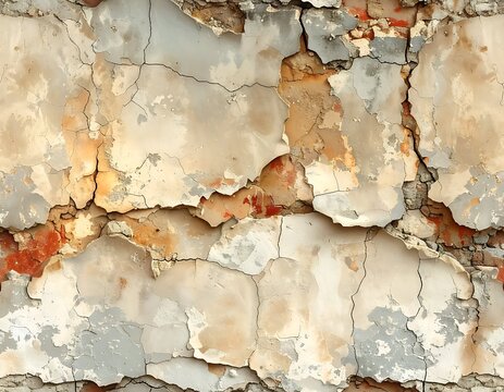 Close-up of peeling, crumbling paint revealing aged brickwork underneath. Cracks & textures abound