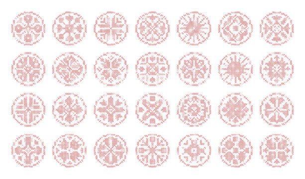 cross stitch medallions hand drawn embroidery embroidered folk needle pixel lace circle rosette pattern round elements asset pack vector isolated background