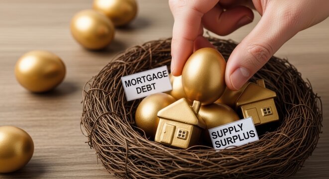 Housing Market Bubble Concept. Hand placing gold egg in nest surrounded by gold eggs and miniature house models, symbolic of financial growth and economic stability concepts