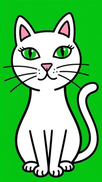 Animated white cat with green eyes and pink ears, sitting on a vibrant green background, cute cartoon style