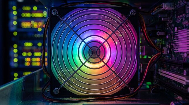 Rgb Fan with Vibrant Rainbow Lights Cooling a High Tech Computer System