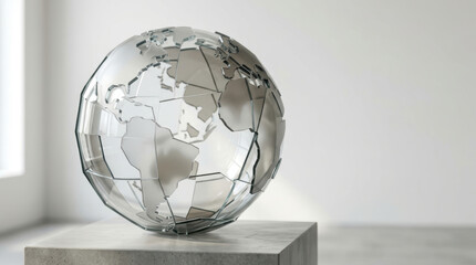 Global geopolitical risk assessment series featuring transparent globe sculpture on stone pedestal in modern interior