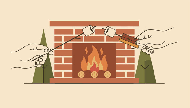 Cozy scene showing two hands roasting marshmallows on sticks over a warm glowing fire inside a brick fireplace.