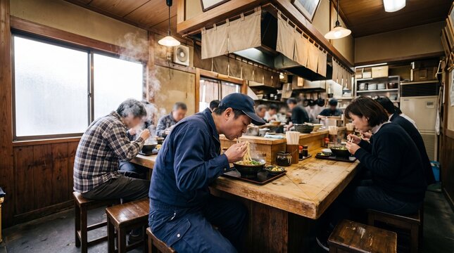 People eating steaming bowls of noodles at a traditional wooden counter in a rustic Japanese restaurant atmosphere