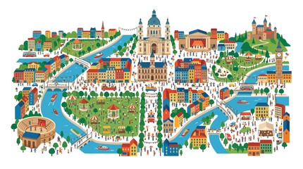 Naklejka premium Vibrant European Cityscape Map Illustration with River, Buildings, and Crowds