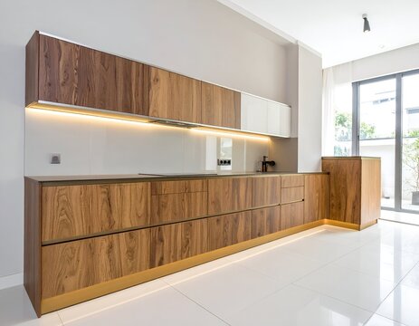 Modern kitchen with wood cabinets, light fixtures, glass backsplash, and white tile floor
