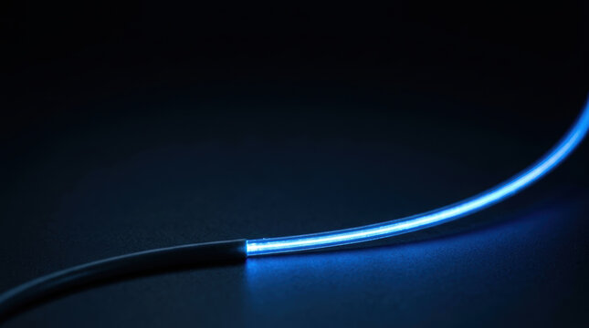 Glowing blue fiber optic cable creates strategic navigation path through darkness with futuristic technology and elegant light