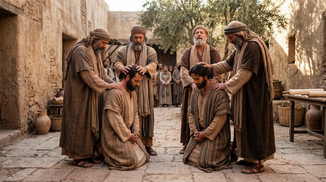 The Apostle Paul, having been stoned and left for dead outside Lystra, miraculously opening his eyes as disciples gather around him.
