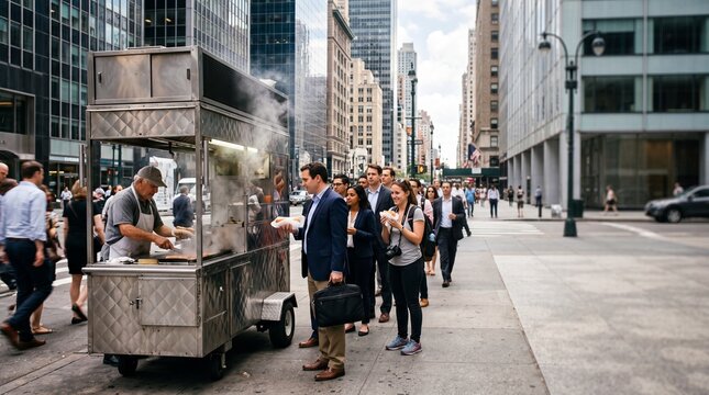 People in business attire wait in line at a steaming street food cart on a busy urban sidewalk surrounded by skyscrapers