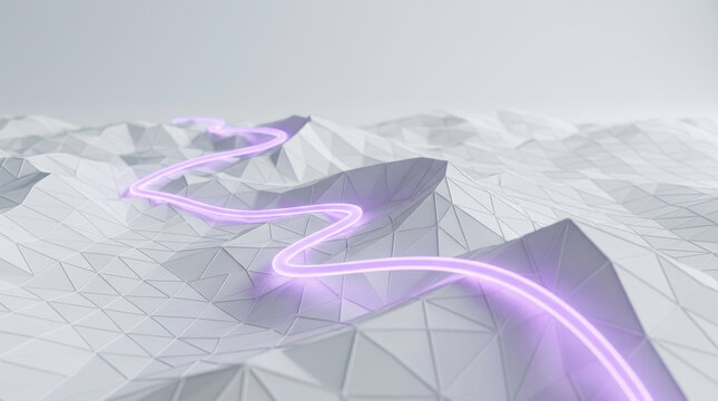Glowing strategic navigation path across abstract geometric landscape creates futuristic sense of direction and discovery