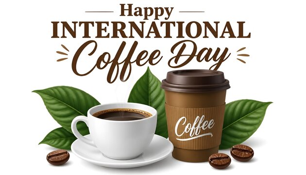 Watercolor coffee background banner with steaming hot cup roasted beans and plantation branch