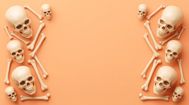Halloween background with human skulls and bones on orange copy space flat lay photo