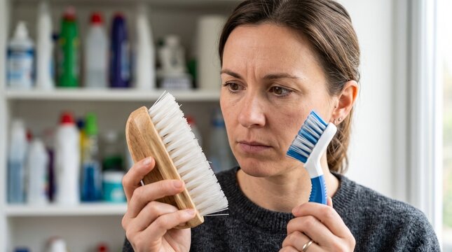 A woman looks at two cleaning brushes with a thoughtful expression, surrounded by shelves filled with cleaning supplies