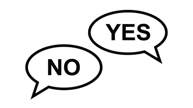 Speech bubbles displaying yes and no text labels in a minimalist graphic style representing binary choices or clear communication concepts for professional business presentations and projects