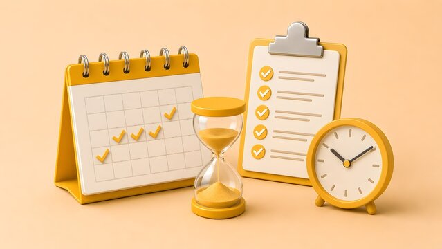 3D render of time management concept with yellow calendar hourglass clipboard checklist and clock for project scheduling and productivity tracking