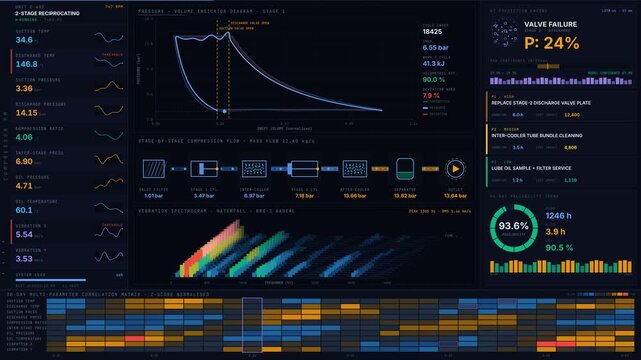 Explore a sophisticated compressor predictive maintenance dashboard featuring dark industrial aesthetics with animated charts, real-time data, and AI prediction cards for efficient monitoring.