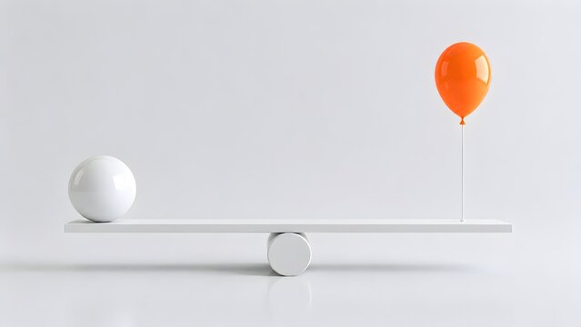 3D render of heavy sphere and light orange balloon balancing on white seesaw scale for business stability and leverage concept
