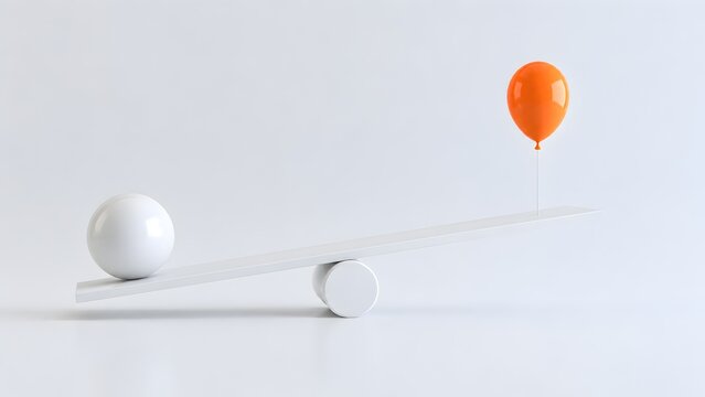 3D render of white seesaw balancing a heavy sphere and light orange balloon for unexpected equality and contrast concept