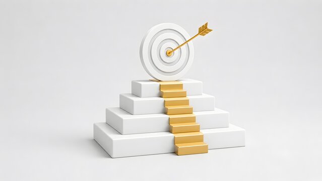 3D render of golden stairs leading to a target with bullseye arrow on a white pedestal for career path and business goal achievement