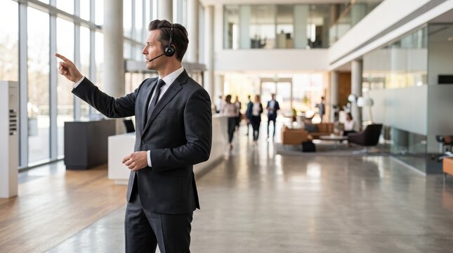 Professional businessman wearing headset pointing finger in modern corporate office lobby, guiding visitors with confident gesture, customer service representative providing