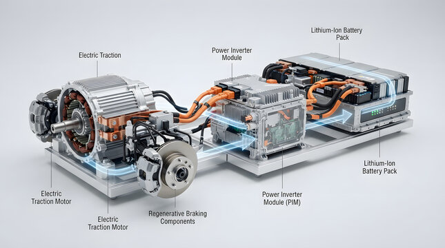 Electric vehicle powertrain diagram with lithium ion battery, traction motor, inverter and regenerative braking components for clean mobility