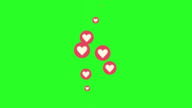 Floating Social Media Live Stream Heart Like Icons Vector Graphic on Green Screen Chroma Key Background for Valentine and Engagement Concept
