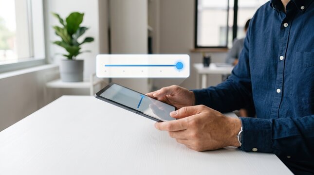 Close up of man hands using tablet computer with floating holographic slider user interface element, representing digital adjustment, settings configuration, volume control