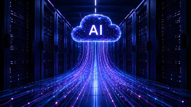 Artificial intelligence server room with flowing fiber optic data stream representing advanced machine learning network technology