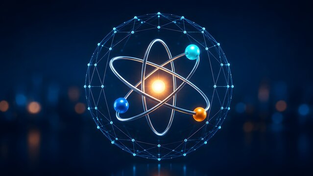 Glowing atomic particle structure with orbiting electrons representing nuclear science, quantum physics, and chemical molecular