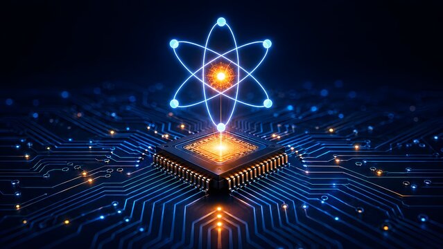 Quantum computing microchip processor with glowing atomic molecule structure on digital circuit board symbolizing advanced tech